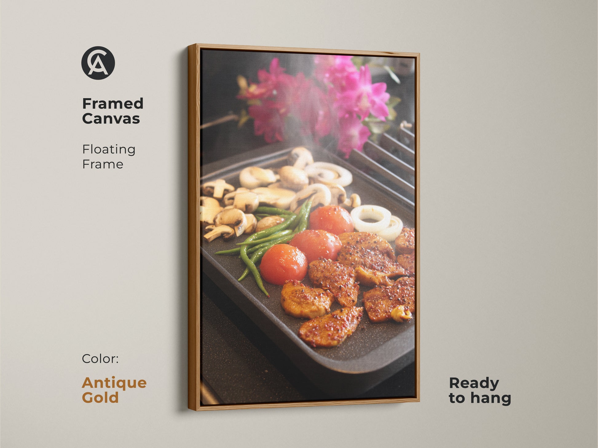 Antique gold framed canvas of grilling food wall art is ready to hang. This kitchen canvas print adds contemporary home decor. Modern food art is a foodie gift idea. The home cook present is a housewarming gift art. Realistic cooking art shows still life food prints.
