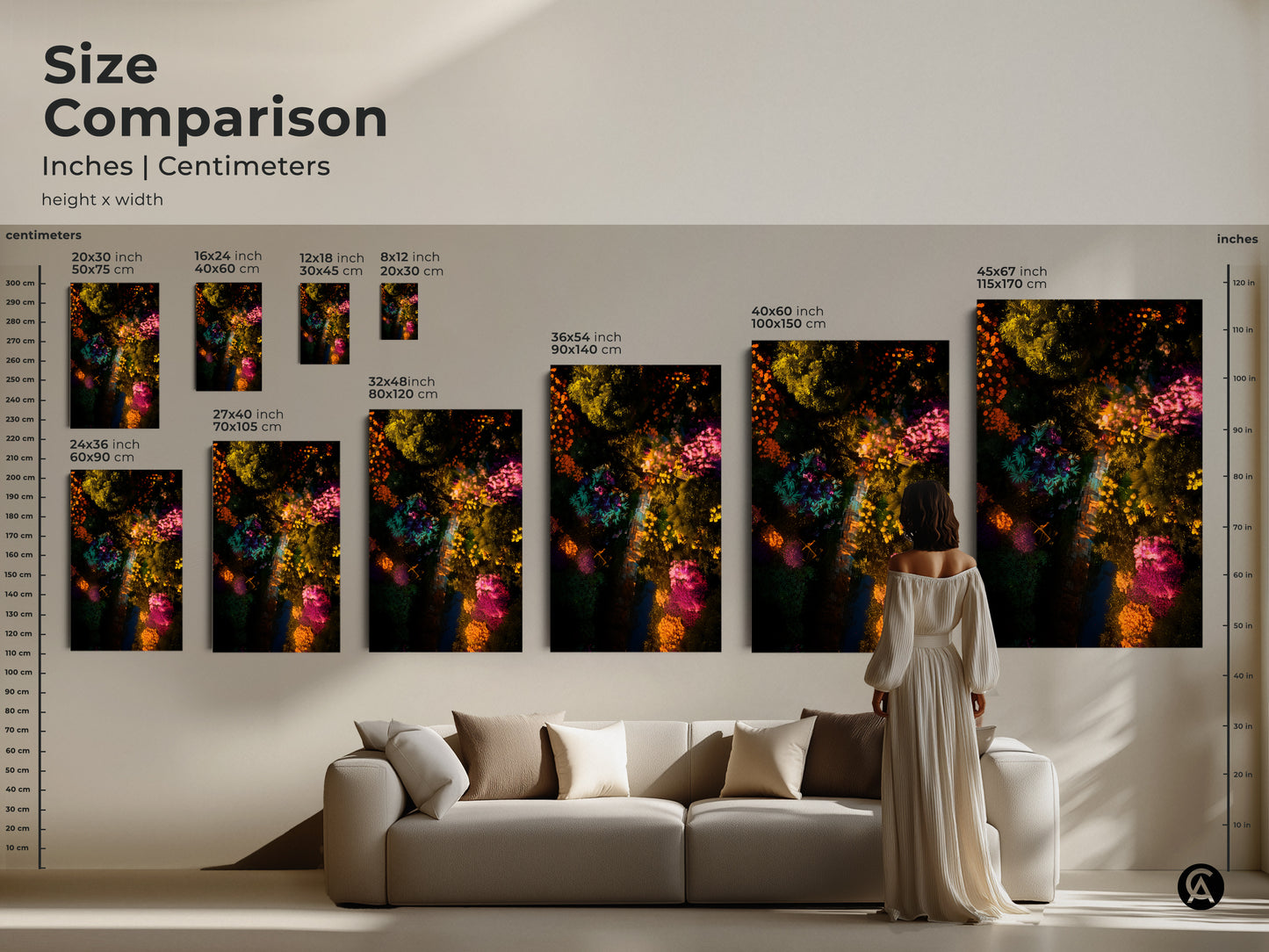Size comparison of aerial garden artwork in inches and centimeters. Visualize the scale of canvas and poster prints from 8x12 to 45x67 inches. Find the perfect art piece to complement your space. Shop now for vibrant botanical art.