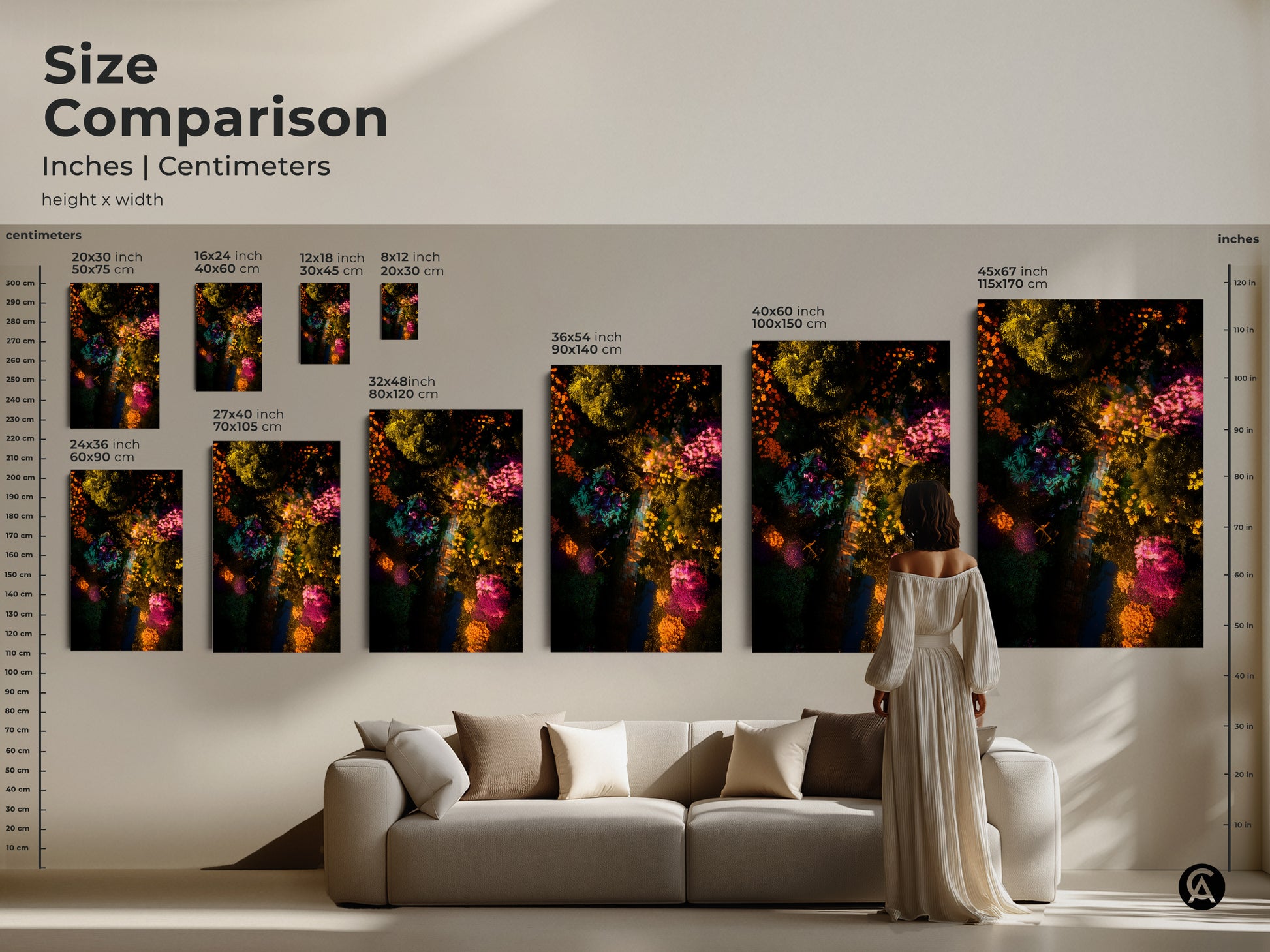 Size comparison of aerial garden artwork in inches and centimeters. Visualize the scale of canvas and poster prints from 8x12 to 45x67 inches. Find the perfect art piece to complement your space. Shop now for vibrant botanical art.