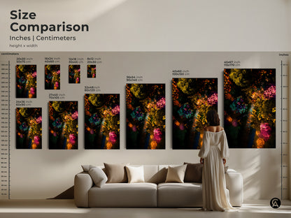 Size comparison of aerial garden artwork in inches and centimeters. Visualize the scale of canvas and poster prints from 8x12 to 45x67 inches. Find the perfect art piece to complement your space. Shop now for vibrant botanical art.