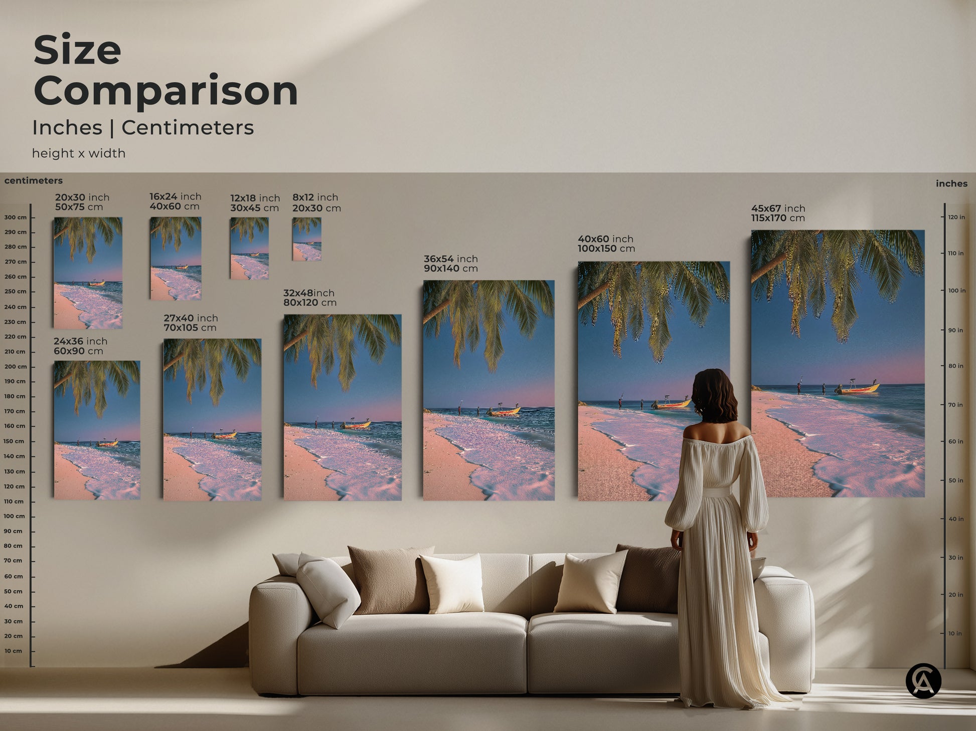 Compare sizes of tropical beach artwork in inches and centimeters. See how the ocean palm tree boat art fits above a sofa. Envision coastal living room decor with pink blue teal artwork. Find the ideal piece for your residential wall.