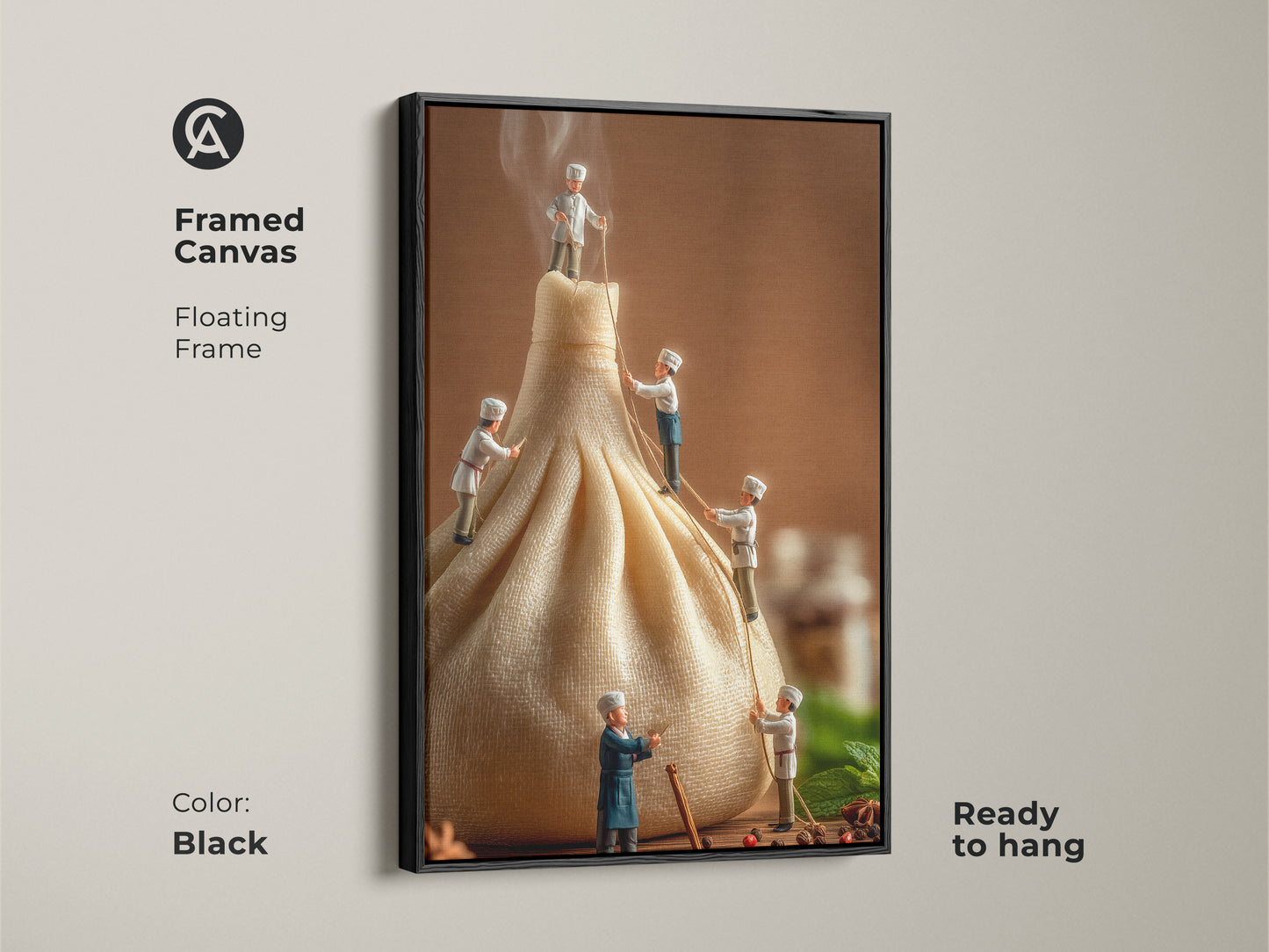 Framed canvas featuring miniature chefs on a dumpling artwork. The black floating frame adds a modern touch to this unique culinary art. It is ready to hang. This artwork is perfect for adding a playful and sophisticated element to your walls.