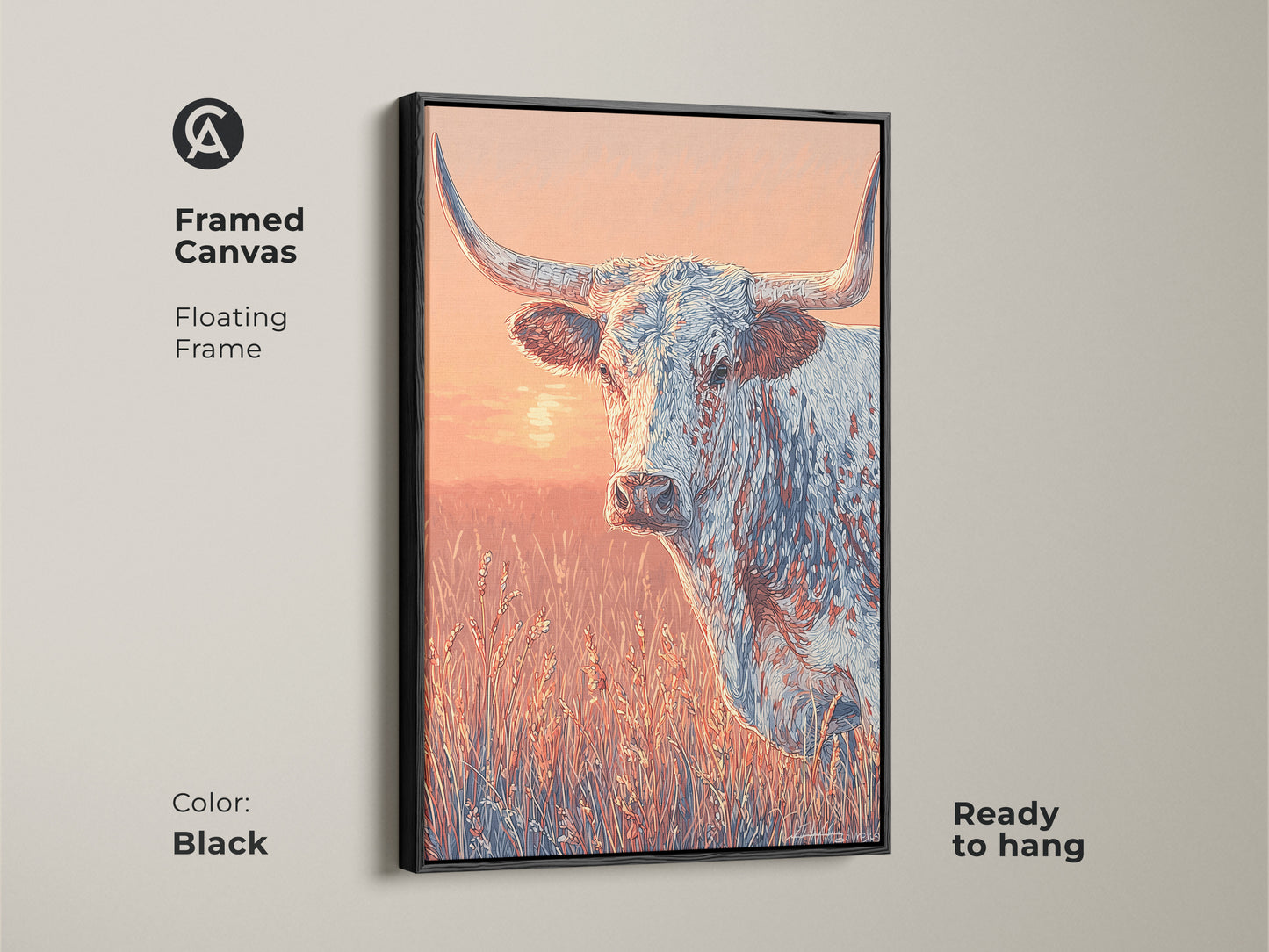 Framed canvas of a longhorn in a field. The frame is black and floating. The artwork is ready to hang. The colors are warm and inviting. A great piece for western art collectors.