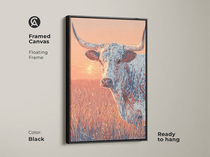 Framed canvas of a longhorn in a field. The frame is black and floating. The artwork is ready to hang. The colors are warm and inviting. A great piece for western art collectors.