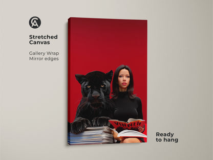 Stretched canvas print of a surreal pop art scene. A woman reads alongside a black panther against a crimson backdrop. Ready to hang this gallery-wrapped canvas brings eclectic flair to any space.