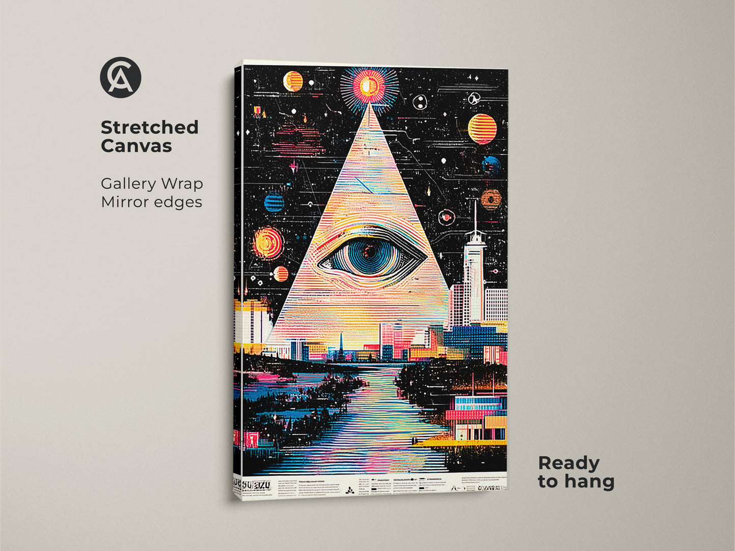 Stretched surreal eye cityscape canvas. Gallery wrapped with mirror edges. Ready to hang and admire. Abstract space pyramid art. Geometric city wall decor. Perfect for a sci-fi office wall art.