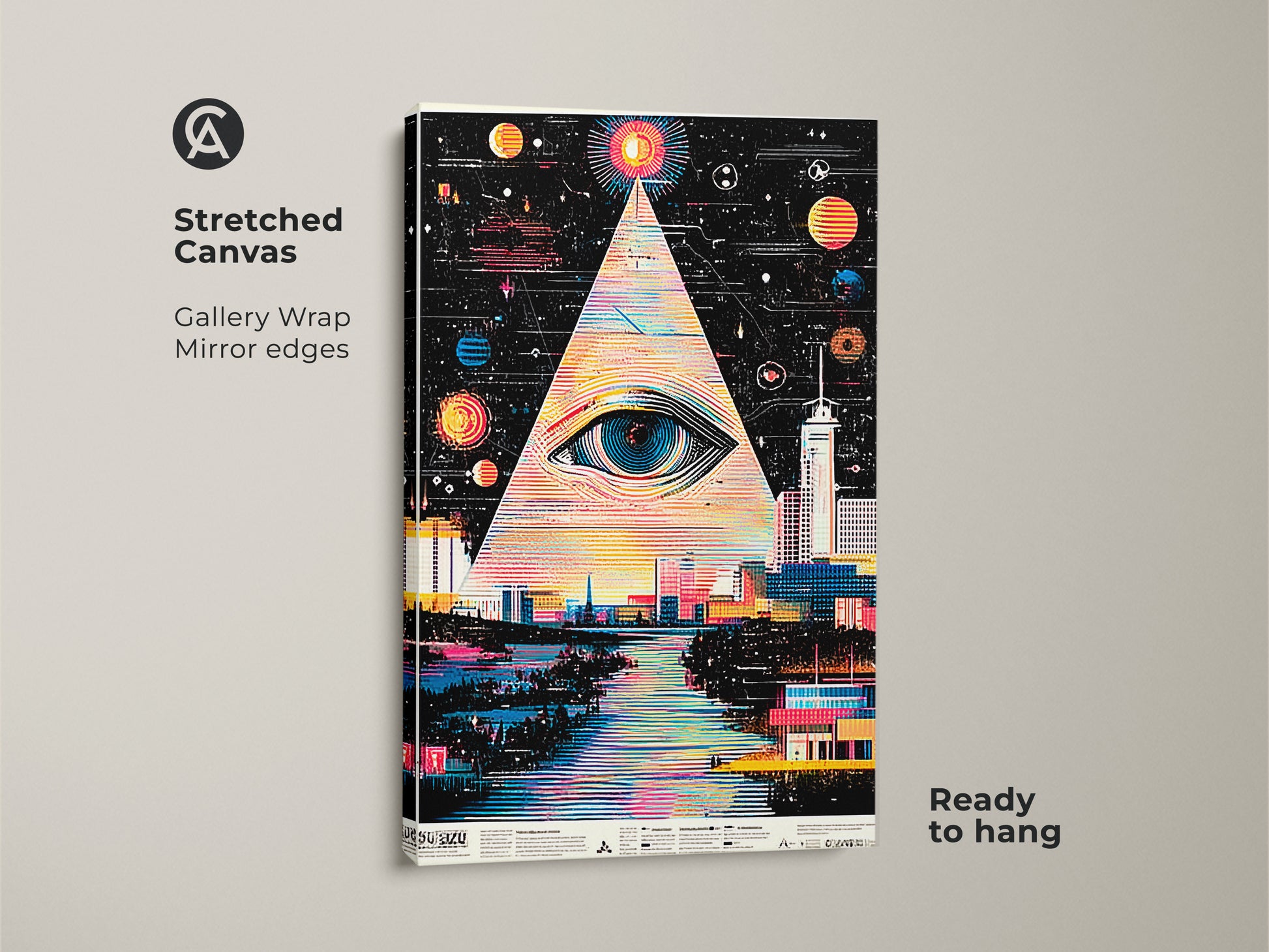 Stretched surreal eye cityscape canvas. Gallery wrapped with mirror edges. Ready to hang and admire. Abstract space pyramid art. Geometric city wall decor. Perfect for a sci-fi office wall art.