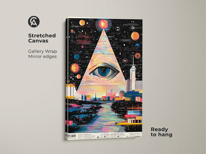 Stretched surreal eye cityscape canvas. Gallery wrapped with mirror edges. Ready to hang and admire. Abstract space pyramid art. Geometric city wall decor. Perfect for a sci-fi office wall art.
