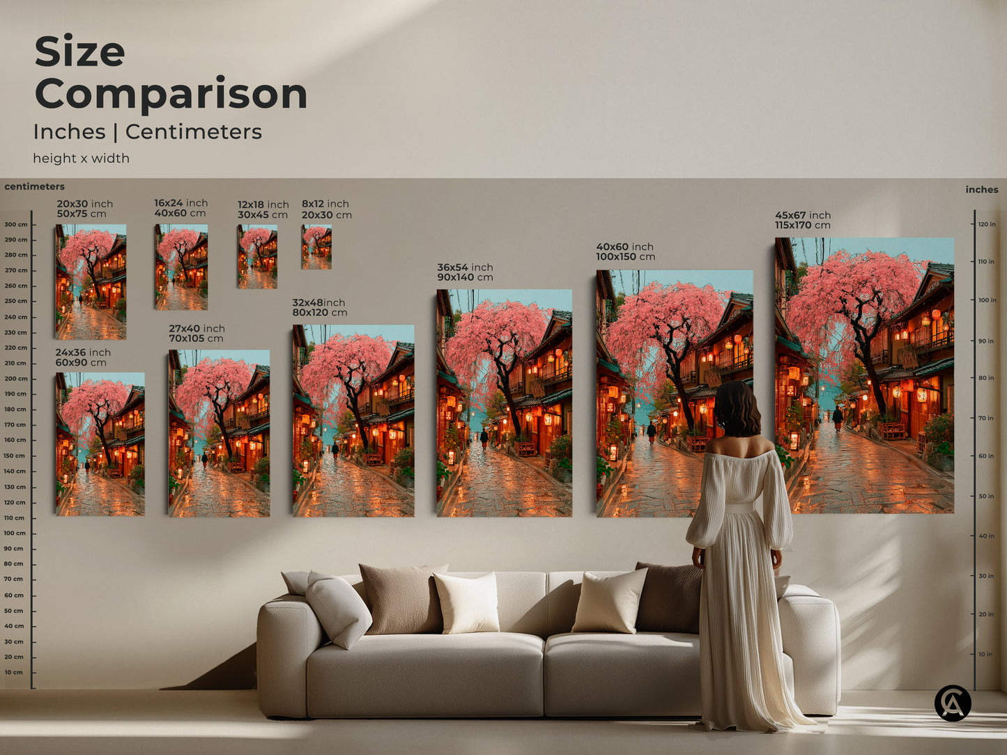 Size comparison of Japanese street art print. See how various sizes fit above a couch for scale. Available as canvas or poster prints. Transform your living room with this eclectic home decor. The pink cherry blossom wall art adds a touch of spring and wanderlust to your space. A perfect housewarming gift idea.