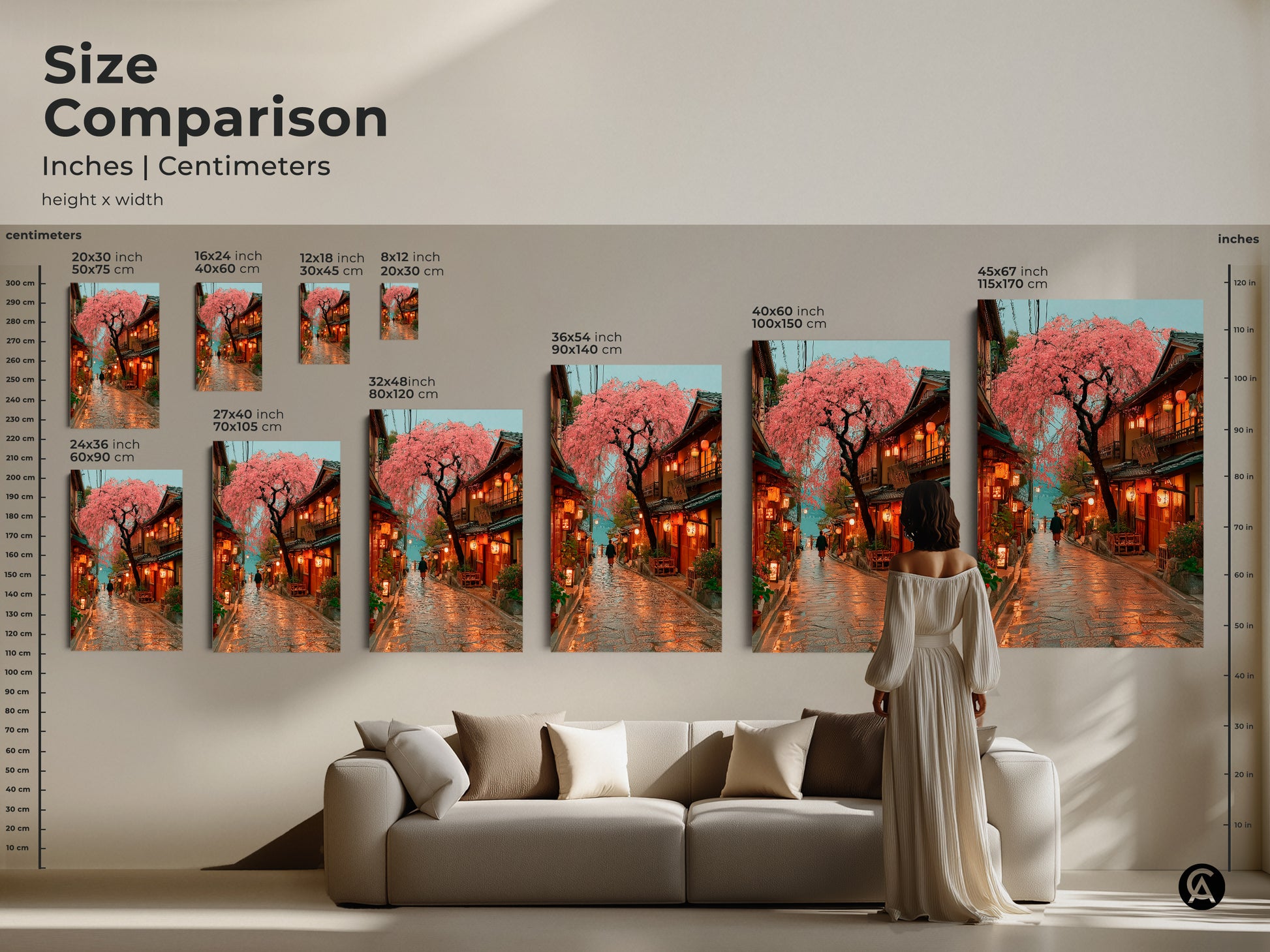 Size comparison of Japanese street art print. See how various sizes fit above a couch for scale. Available as canvas or poster prints. Transform your living room with this eclectic home decor. The pink cherry blossom wall art adds a touch of spring and wanderlust to your space. A perfect housewarming gift idea.