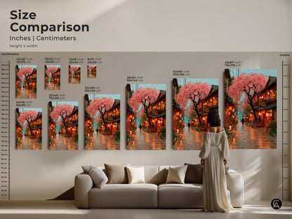 Size comparison of Japanese street art print. See how various sizes fit above a couch for scale. Available as canvas or poster prints. Transform your living room with this eclectic home decor. The pink cherry blossom wall art adds a touch of spring and wanderlust to your space. A perfect housewarming gift idea.
