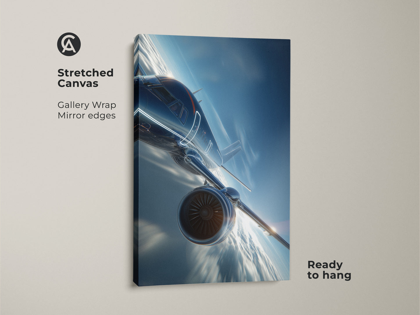 Stretched canvas featuring a futuristic jet in flight. Gallery wrapped with mirrored edges this modern aviation wall art is ready to hang. The contemporary blue and white print is ideal as office decor or a pilot gift.