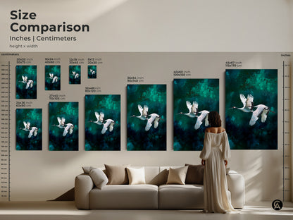 Size comparison of abstract crane wall art prints in inches and centimeters. Ranging from 20x30 cm to 45x67 inches. The teal emerald canvas print is a modern minimalist design. See how it fits above a sofa.