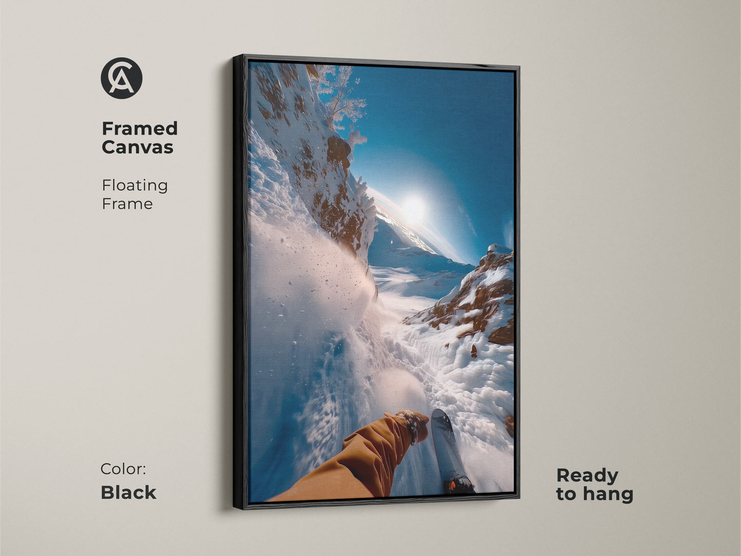 Framed canvas artwork with a black floating frame. The skier's point of view creates an immersive experience. Ready to hang this framed art brings a dynamic touch to your walls. A great choice for ski art lovers.