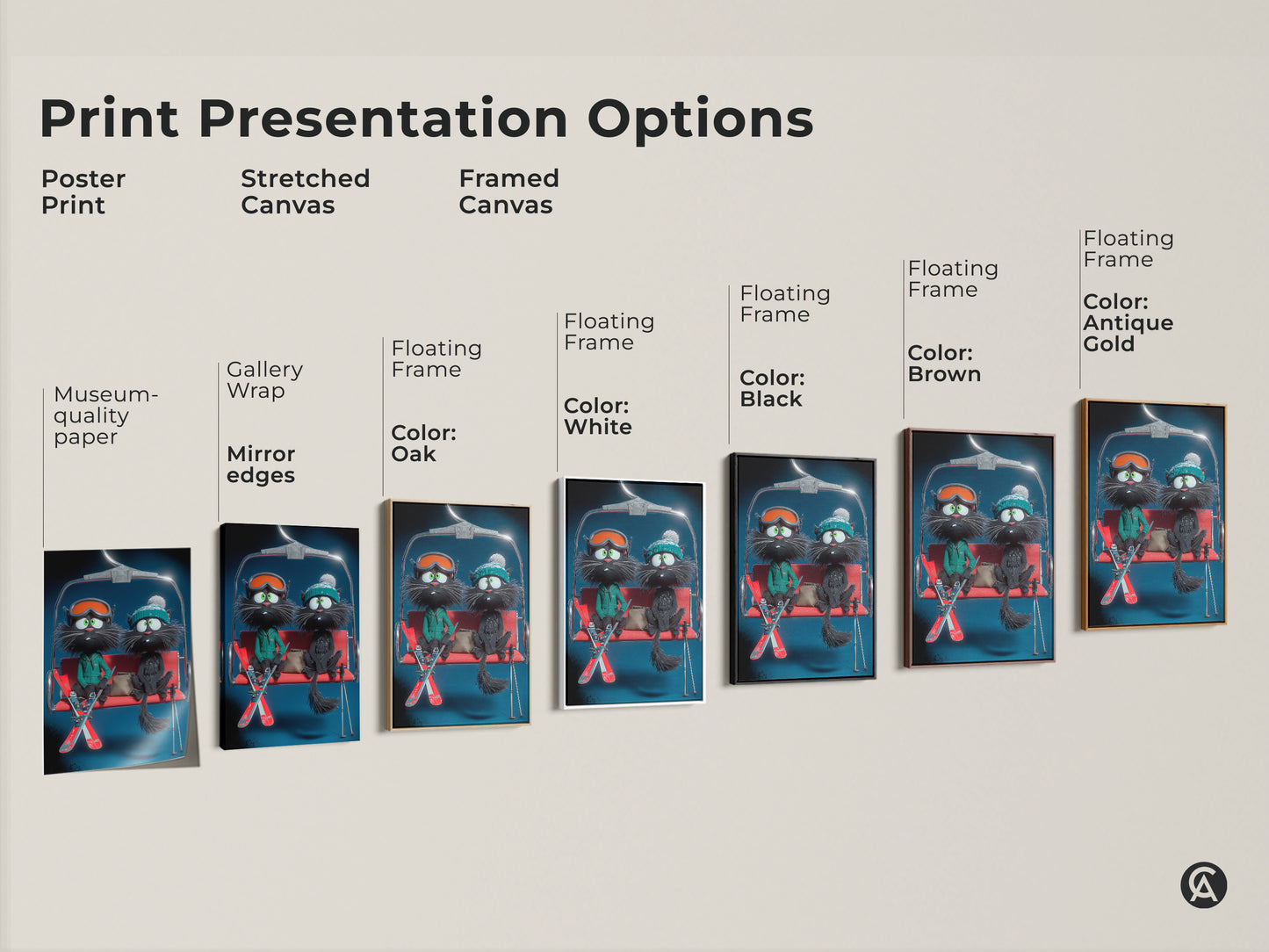 Explore print presentation options for the black cat skiing art. Choose from poster prints stretched canvases and framed options. Customize with black brown oak white and antique gold frames. Find museum-quality paper gallery wraps and floating frames. These options enhance any home decor.