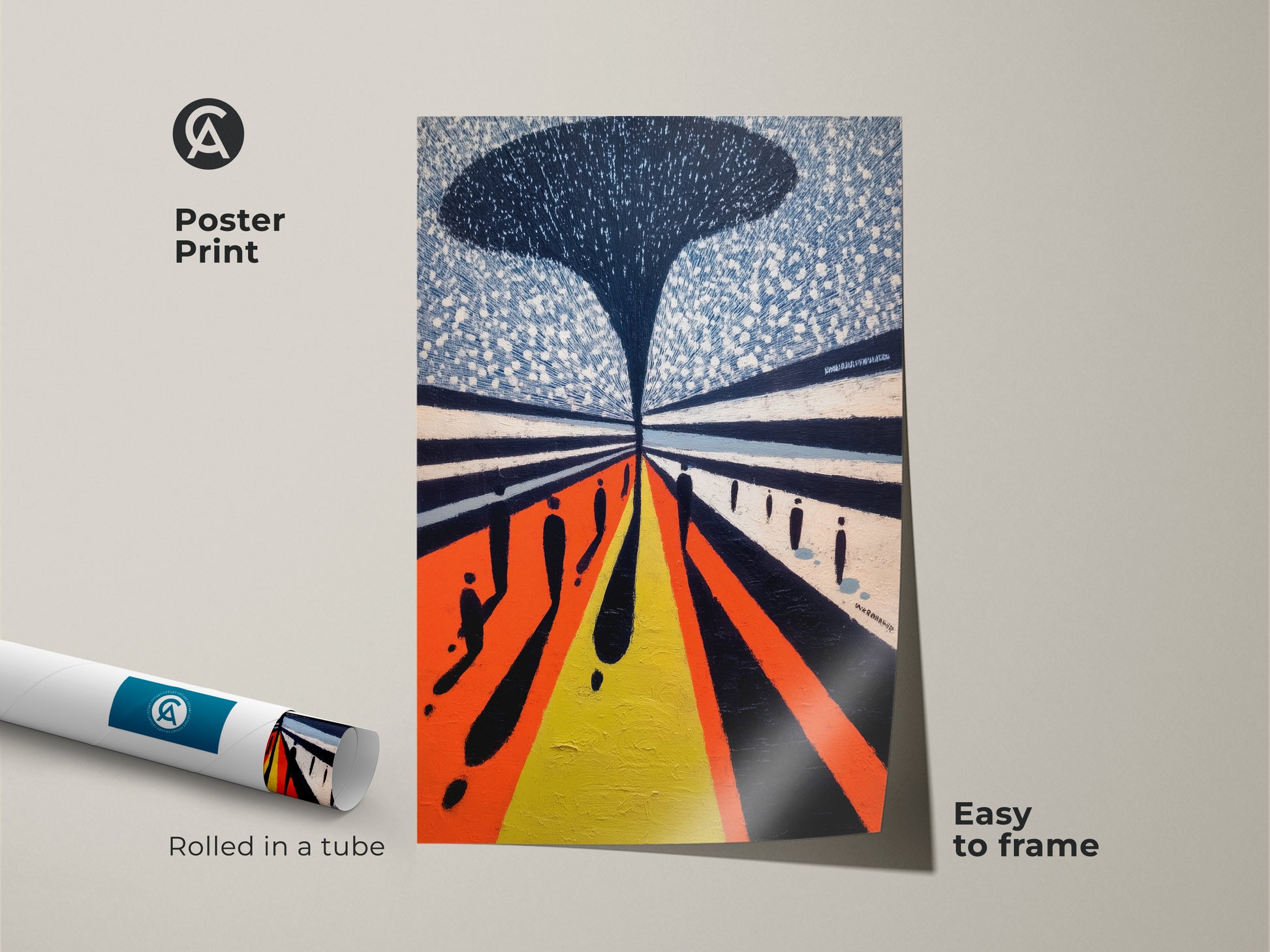 Poster print of contemporary figurative art. This geometric people artwork features an orange blue and yellow canvas print. Easy to frame for hallway abstract decor.