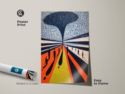 Poster print of contemporary figurative art. This geometric people artwork features an orange blue and yellow canvas print. Easy to frame for hallway abstract decor.