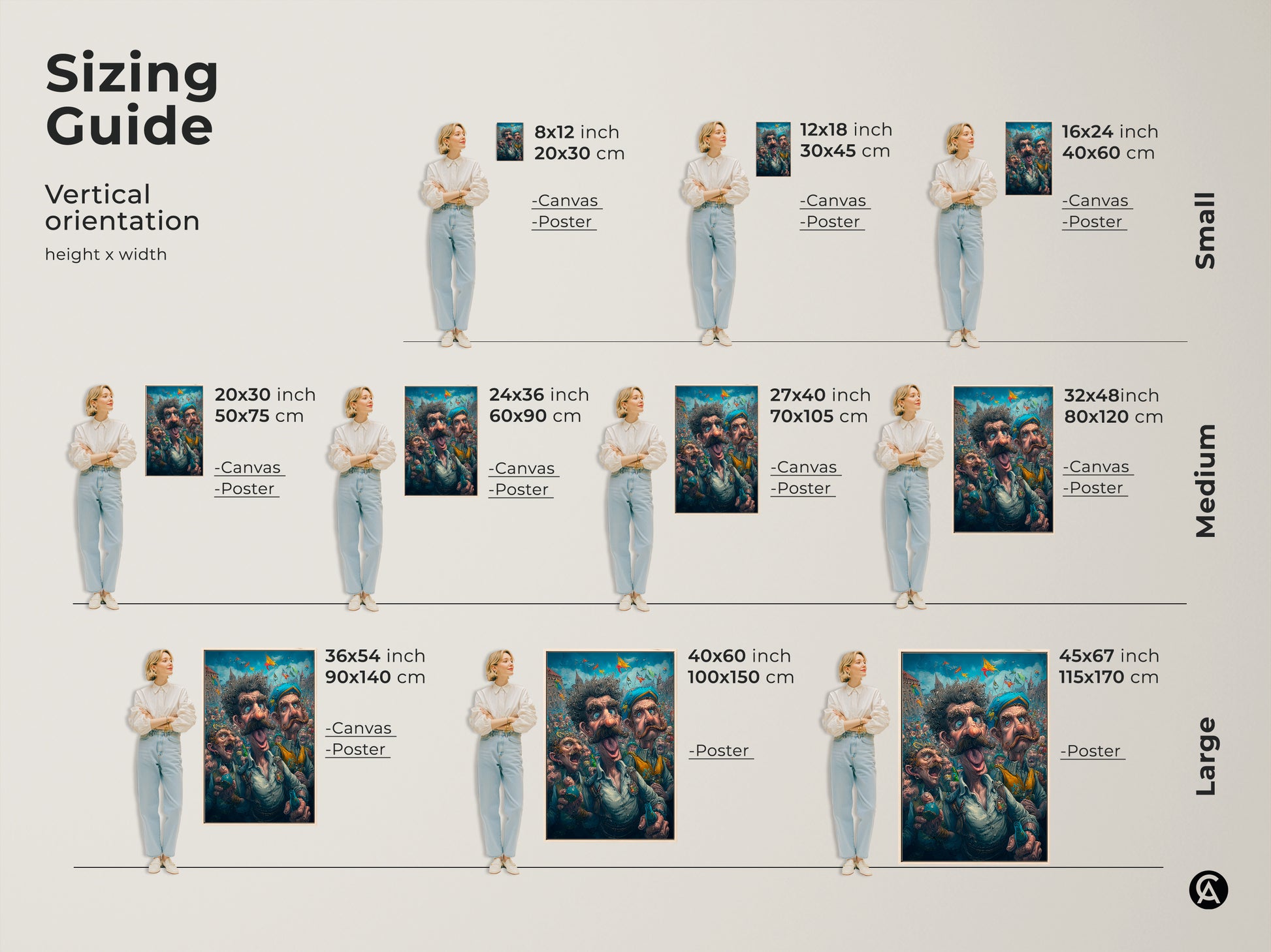 Sizing guide for vertical artwork orientation. The image shows canvas and poster prints in small medium and large sizes. A woman is standing next to each to show the scale. Choose the perfect size to make a statement in any space.