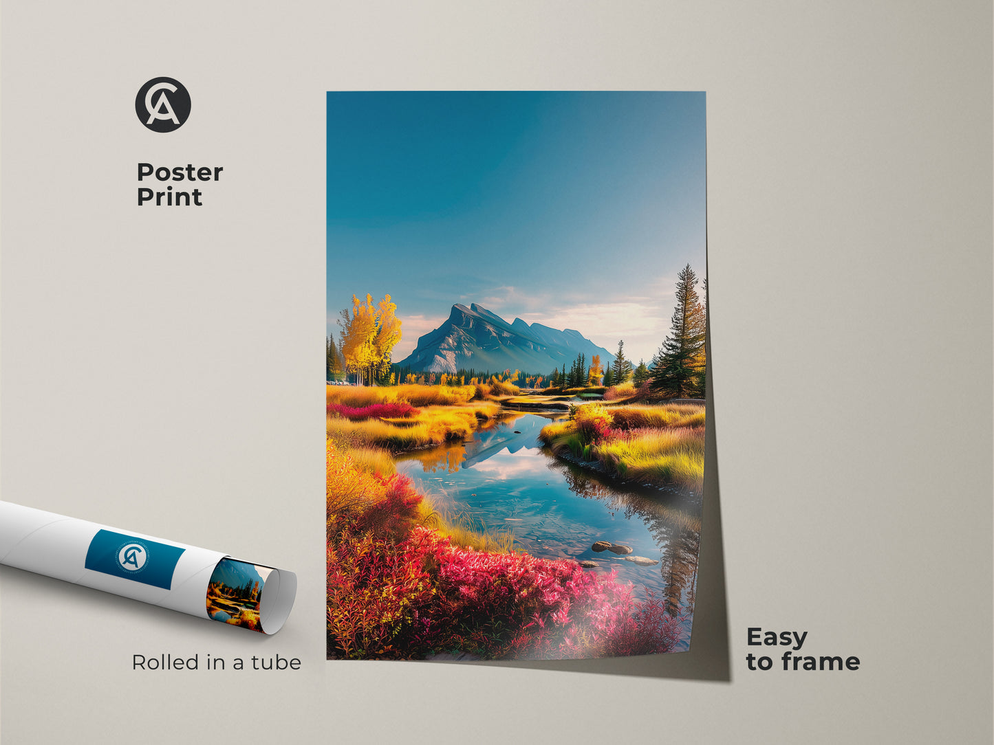 Poster print of a mountain river landscape. The wall art ships rolled in a tube. It is easy to frame. This nature artwork enhances your home decor with a serene view.