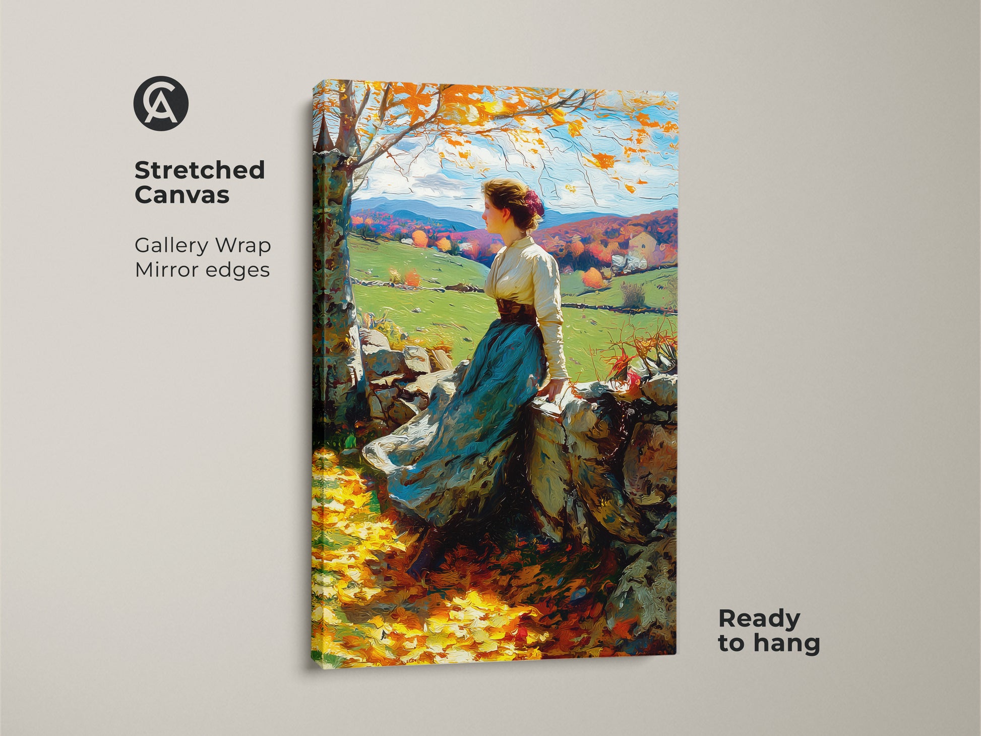 This is a stretched canvas artwork showing a woman in a flowing dress. She sits on a stone wall amidst an autumn scene. The gallery wrap enhances the artwork's depth. Its mirror edges provide a clean contemporary look. The canvas is ready to hang adding a refined art piece to your living space.
