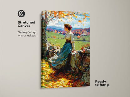This is a stretched canvas artwork showing a woman in a flowing dress. She sits on a stone wall amidst an autumn scene. The gallery wrap enhances the artwork's depth. Its mirror edges provide a clean contemporary look. The canvas is ready to hang adding a refined art piece to your living space.