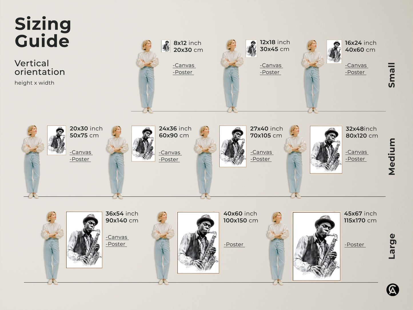 Sizing guide for vertical art prints. See how the saxophone player artwork looks in different sizes. Options include canvas and poster prints. Find small medium and large sizes. Visualize the perfect fit for your space with wall art.