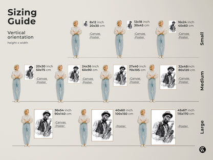 Sizing guide for vertical art prints. See how the saxophone player artwork looks in different sizes. Options include canvas and poster prints. Find small medium and large sizes. Visualize the perfect fit for your space with wall art.