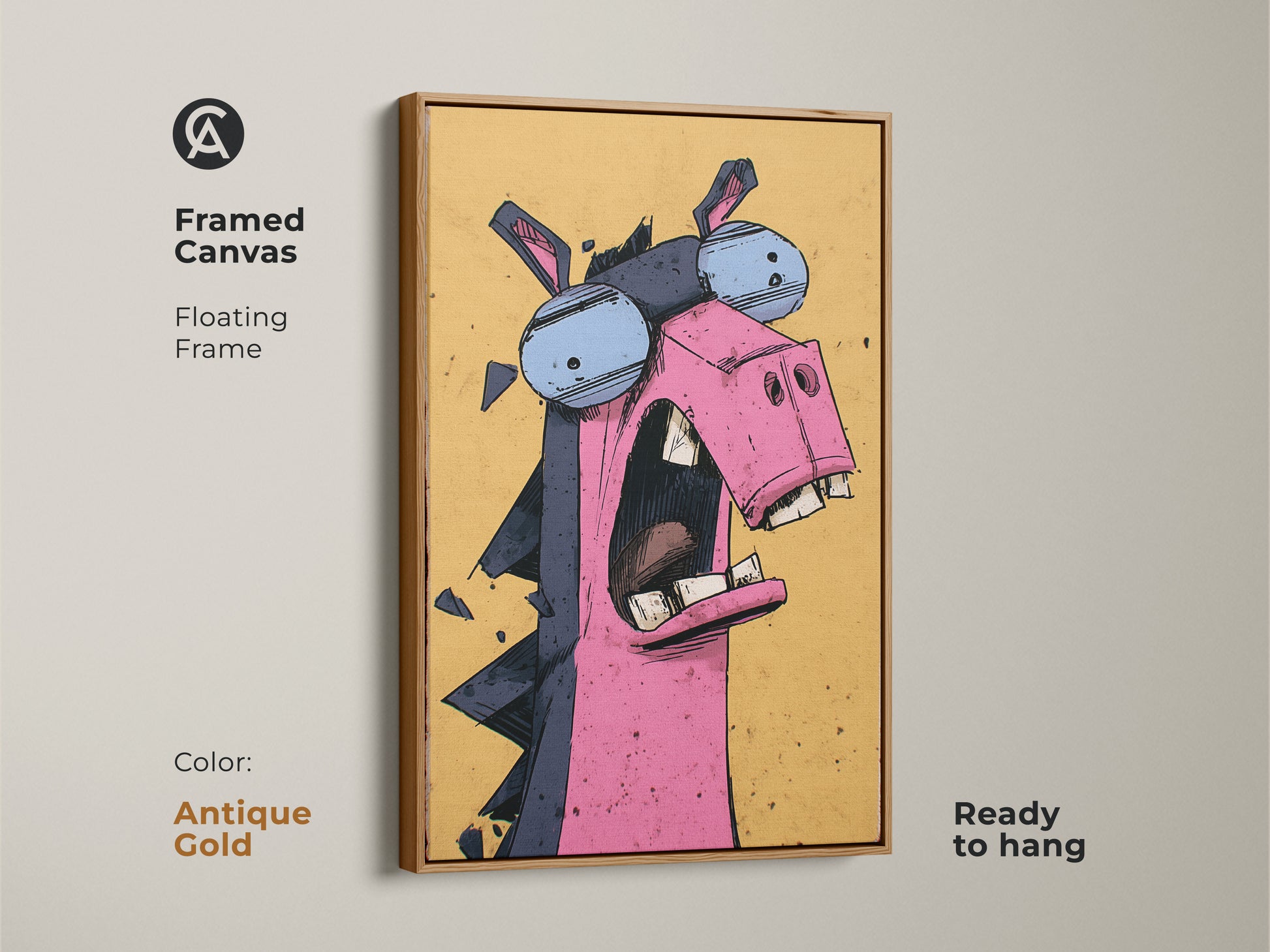 This antique gold framed canvas displays a cartoon donkey print. The floating frame adds elegance and is ready to hang. The animal cartoon art in pink yellow blue is great for kids' rooms. This expressive wall hanging is a unique gift.