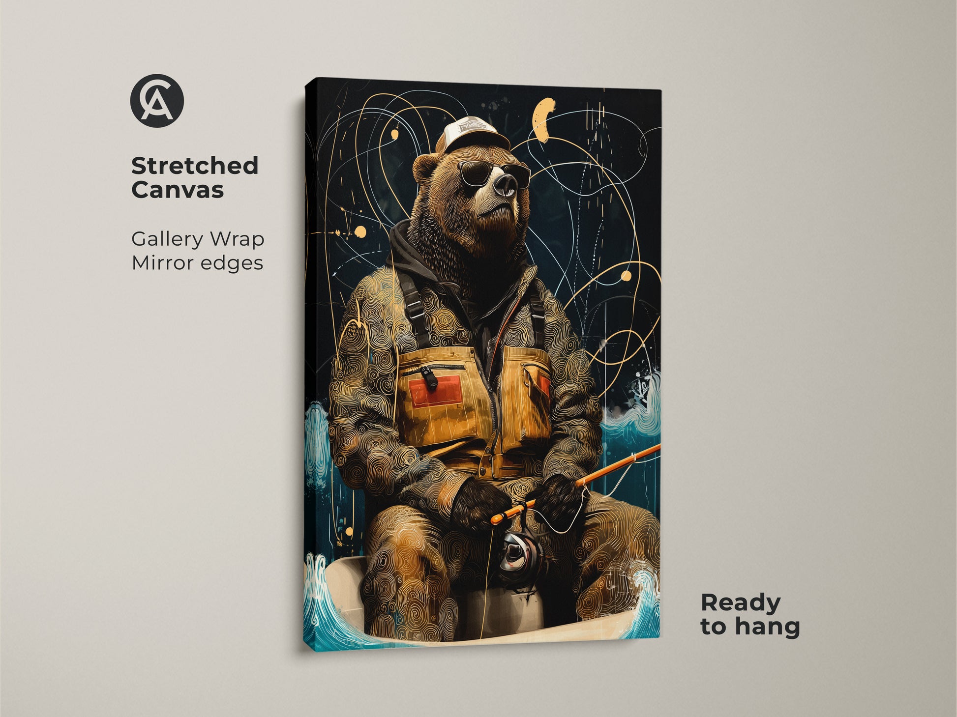 The retro bear angler print is on a stretched canvas. The Gallery wrapped with mirror edges makes it ready to hang. It features a cool bear wearing sunglasses. This eclectic animal artwork is brown gold navy.