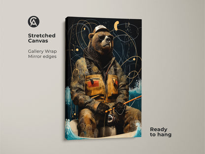 The retro bear angler print is on a stretched canvas. The Gallery wrapped with mirror edges makes it ready to hang. It features a cool bear wearing sunglasses. This eclectic animal artwork is brown gold navy.