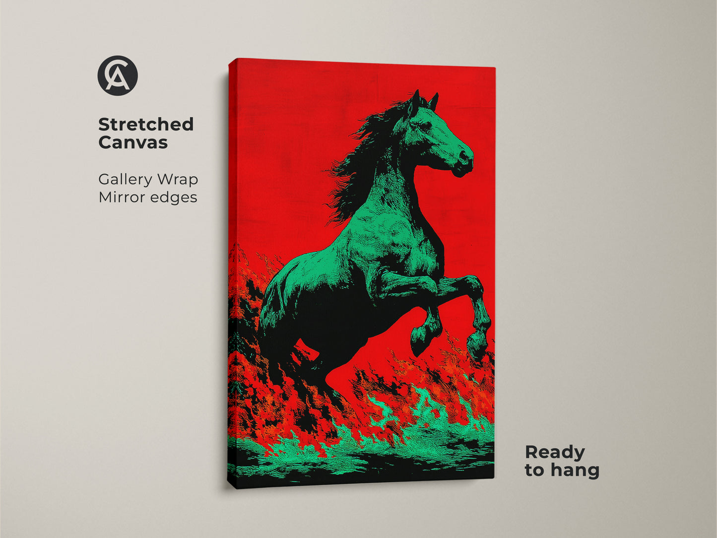 Stretched canvas gallery wrap featuring a green horse. The horse is set against a red and orange pop art background. Mirror edges enhance this piece of animal fantasy art. It comes ready to hang adding eclectic home decor. This is a unique equestrian print that embodies mythology.