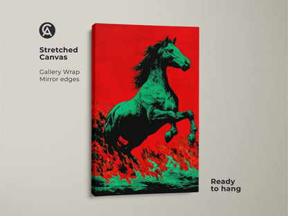 Stretched canvas gallery wrap featuring a green horse. The horse is set against a red and orange pop art background. Mirror edges enhance this piece of animal fantasy art. It comes ready to hang adding eclectic home decor. This is a unique equestrian print that embodies mythology.