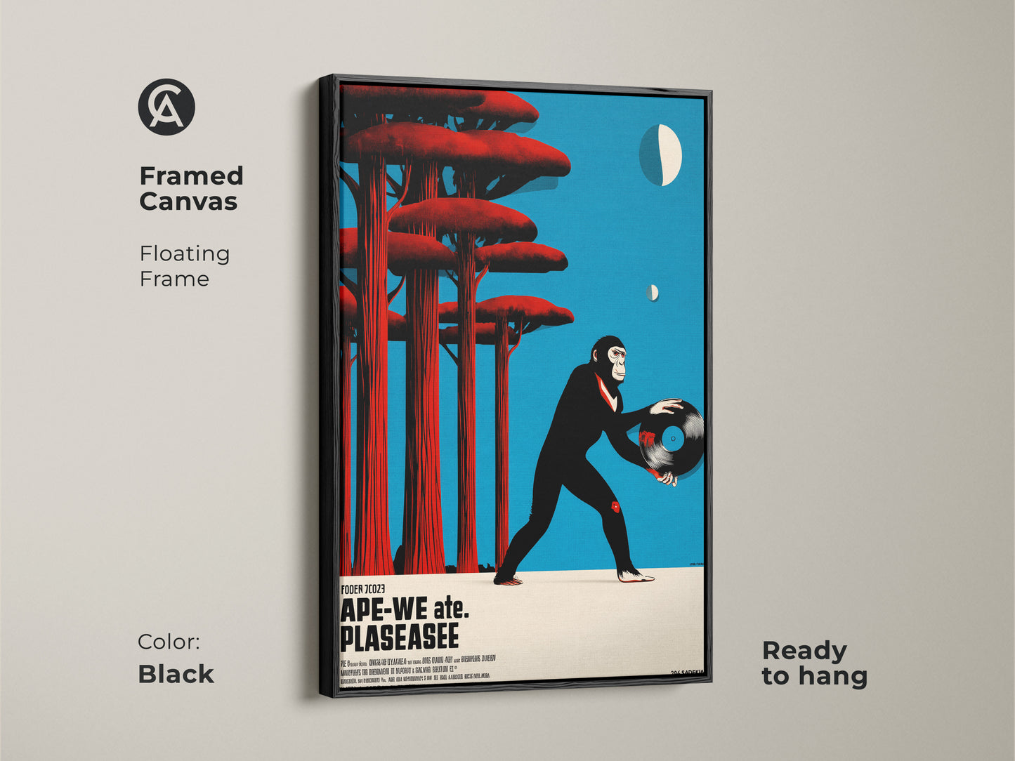 Framed canvas with a floating frame showing a retro chimpanzee. The ape is holding a vinyl record. The art has eclectic blue red and black colors. This animal music art print is ready to hang. Ideal for a studio or office. Black frame.