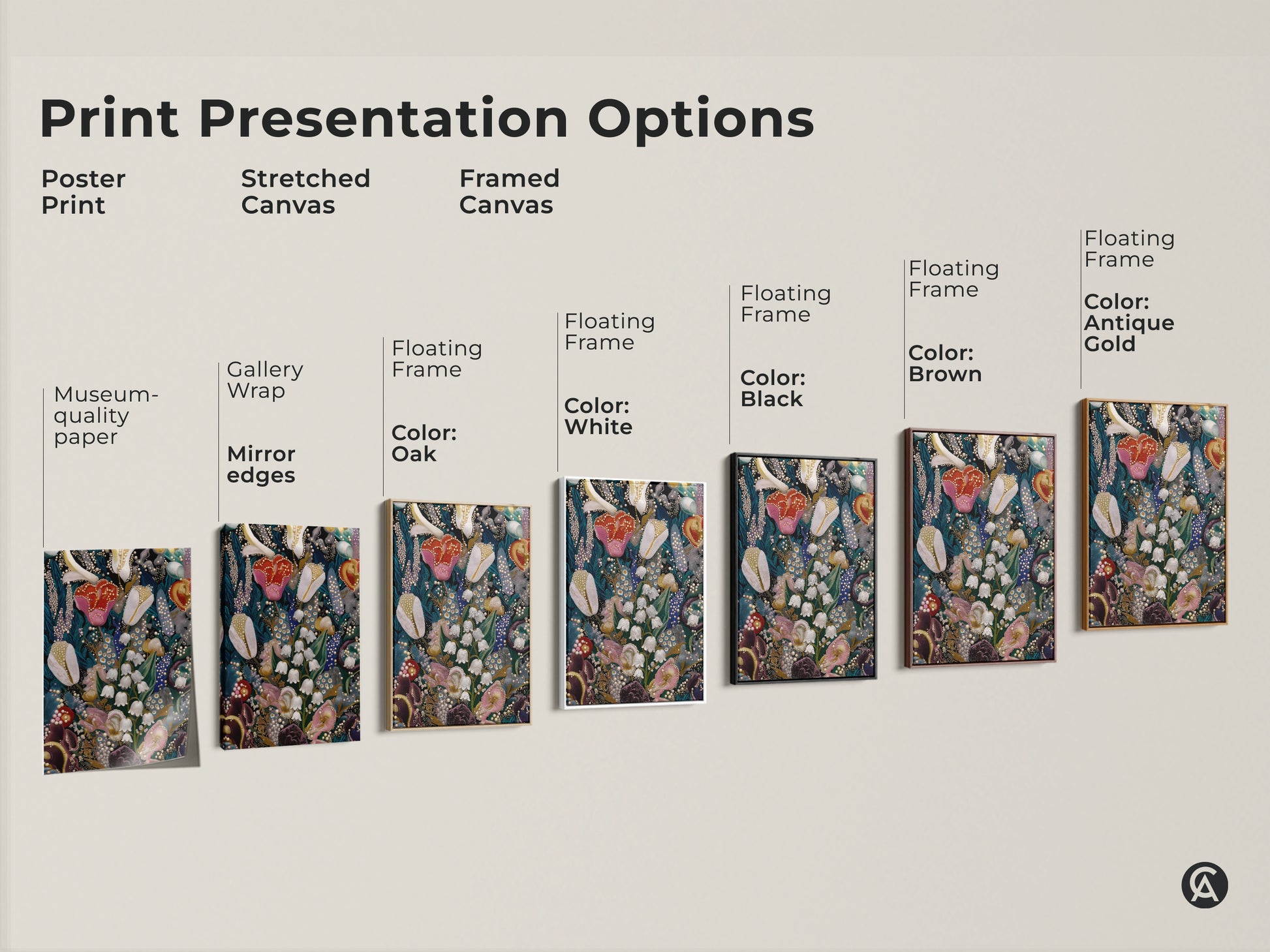 Explore print presentation options for floral artwork. See poster prints stretched canvases and framed canvases of Lily of the Valley and Tulips. Various floating frame colors are available including black brown antique gold oak and white. Find the perfect botanical embroidery art for your eclectic home decor.