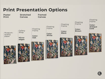 Explore print presentation options for floral artwork. See poster prints stretched canvases and framed canvases of Lily of the Valley and Tulips. Various floating frame colors are available including black brown antique gold oak and white. Find the perfect botanical embroidery art for your eclectic home decor.