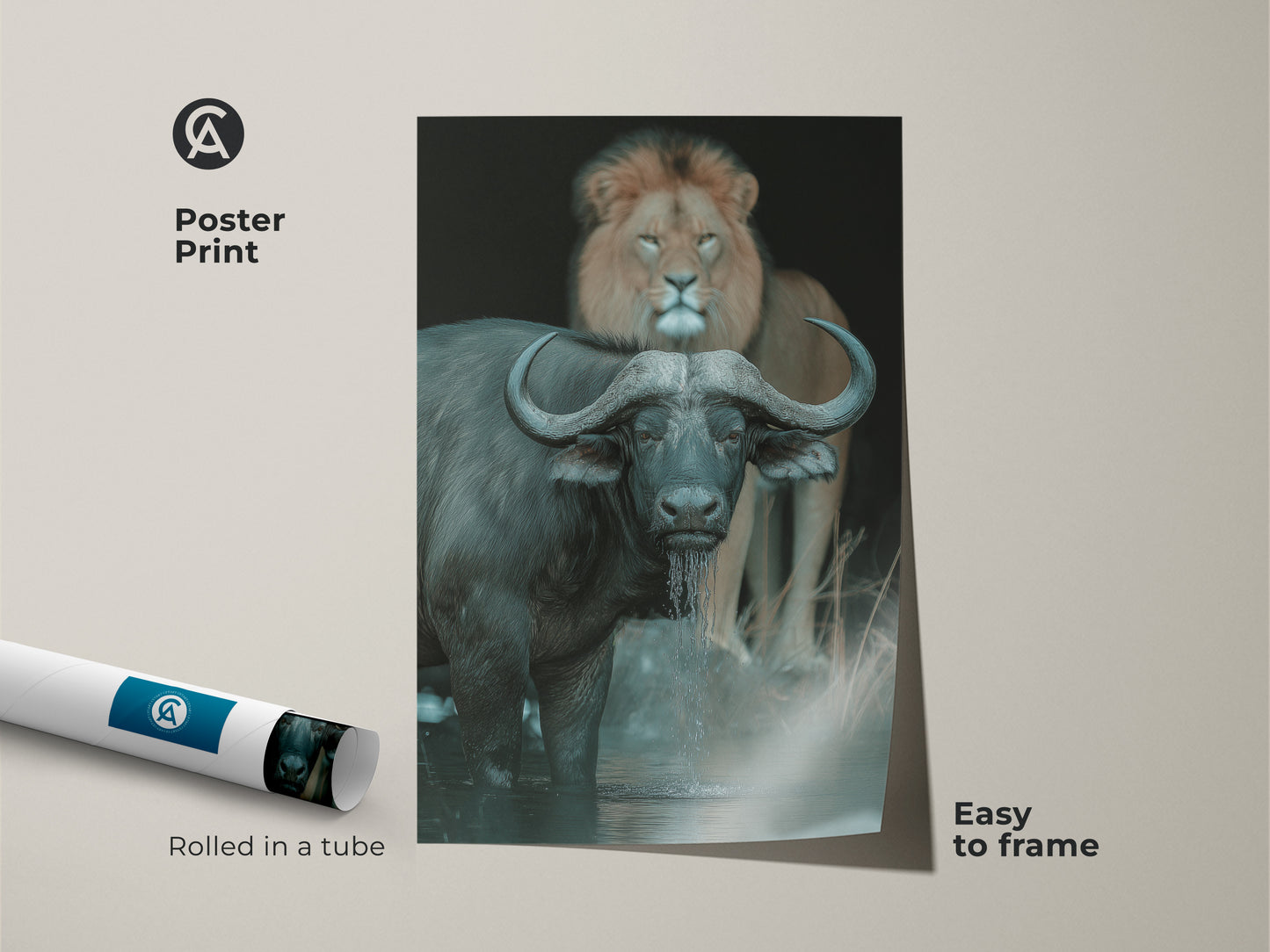 A poster print features a buffalo and lion in a natural setting. The African wildlife print comes rolled in a tube ready to frame. Perfect for adding nature to your office or study this animal photography wall art is easy to display. The nature scene poster blends deep browns and greys for a wild savanna style.