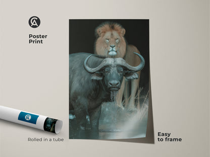 A poster print features a buffalo and lion in a natural setting. The African wildlife print comes rolled in a tube ready to frame. Perfect for adding nature to your office or study this animal photography wall art is easy to display. The nature scene poster blends deep browns and greys for a wild savanna style.