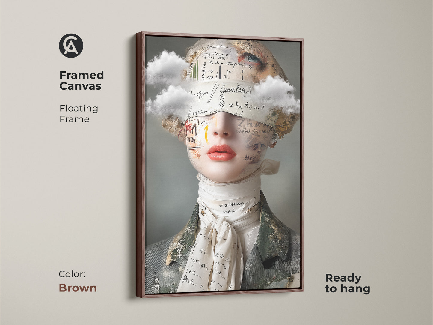 Framed canvas in brown featuring surreal woman artwork. The floating frame showcases a cloud and text collage. This unique artistic female portrait is perfect for eclectic decor. Vintage surrealism art. Ready to hang.