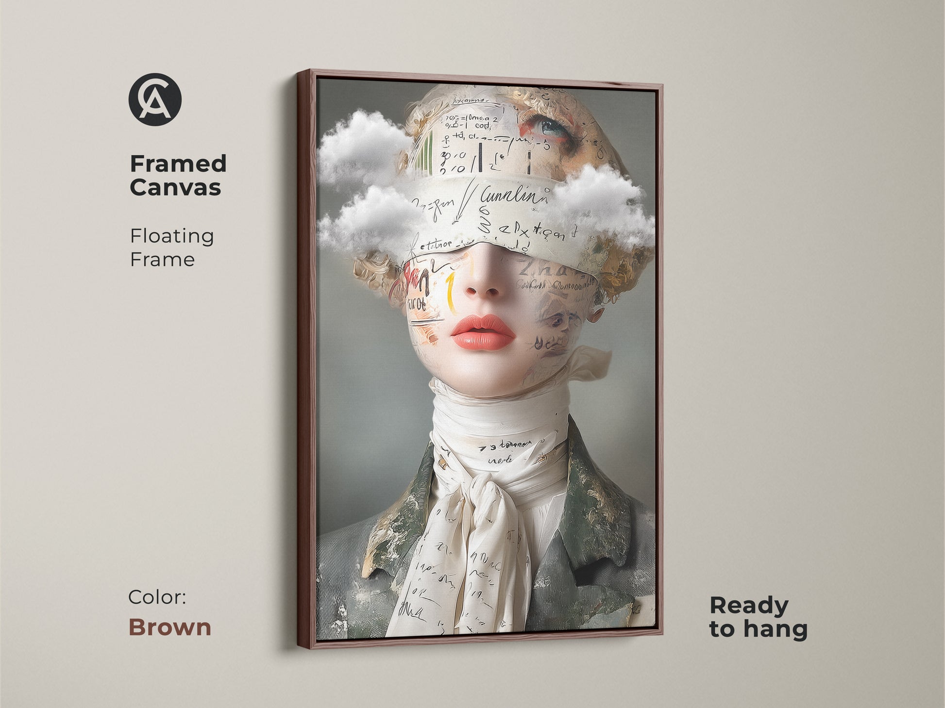 Framed canvas in brown featuring surreal woman artwork. The floating frame showcases a cloud and text collage. This unique artistic female portrait is perfect for eclectic decor. Vintage surrealism art. Ready to hang.