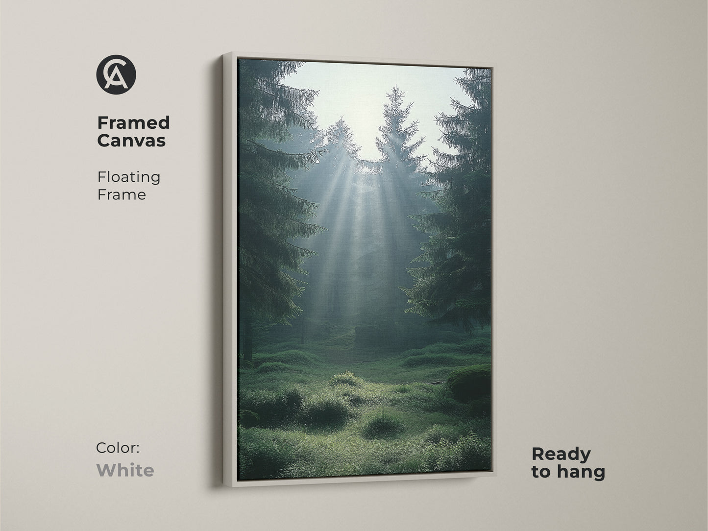 White framed canvas print of a misty emerald forest featuring sunbeams. This Scandinavian landscape art is ready to hang. This serene forest canvas creates a calm bedroom atmosphere. Perfect nature lover gift art.