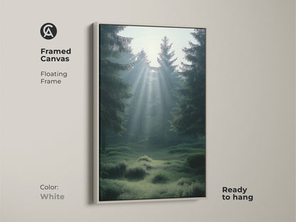 White framed canvas print of a misty emerald forest featuring sunbeams. This Scandinavian landscape art is ready to hang. This serene forest canvas creates a calm bedroom atmosphere. Perfect nature lover gift art.