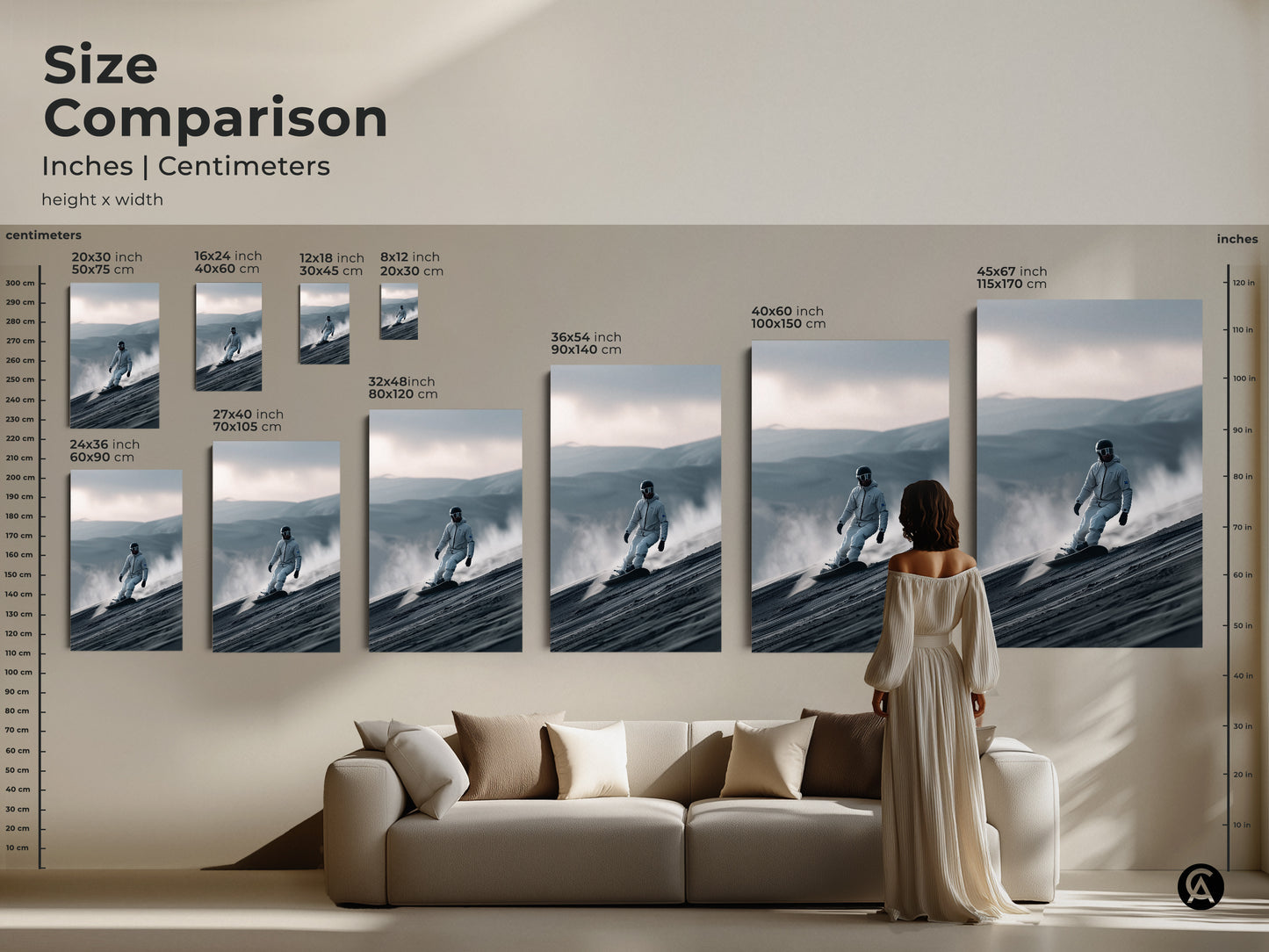 Size comparison of snowboarder art prints in inches and centimeters. See how different sizes fit above a couch. Ranging from 20x30 inch to 45x67 inch prints. This artwork features a snowboarder on a sand dune. Find your ideal size.