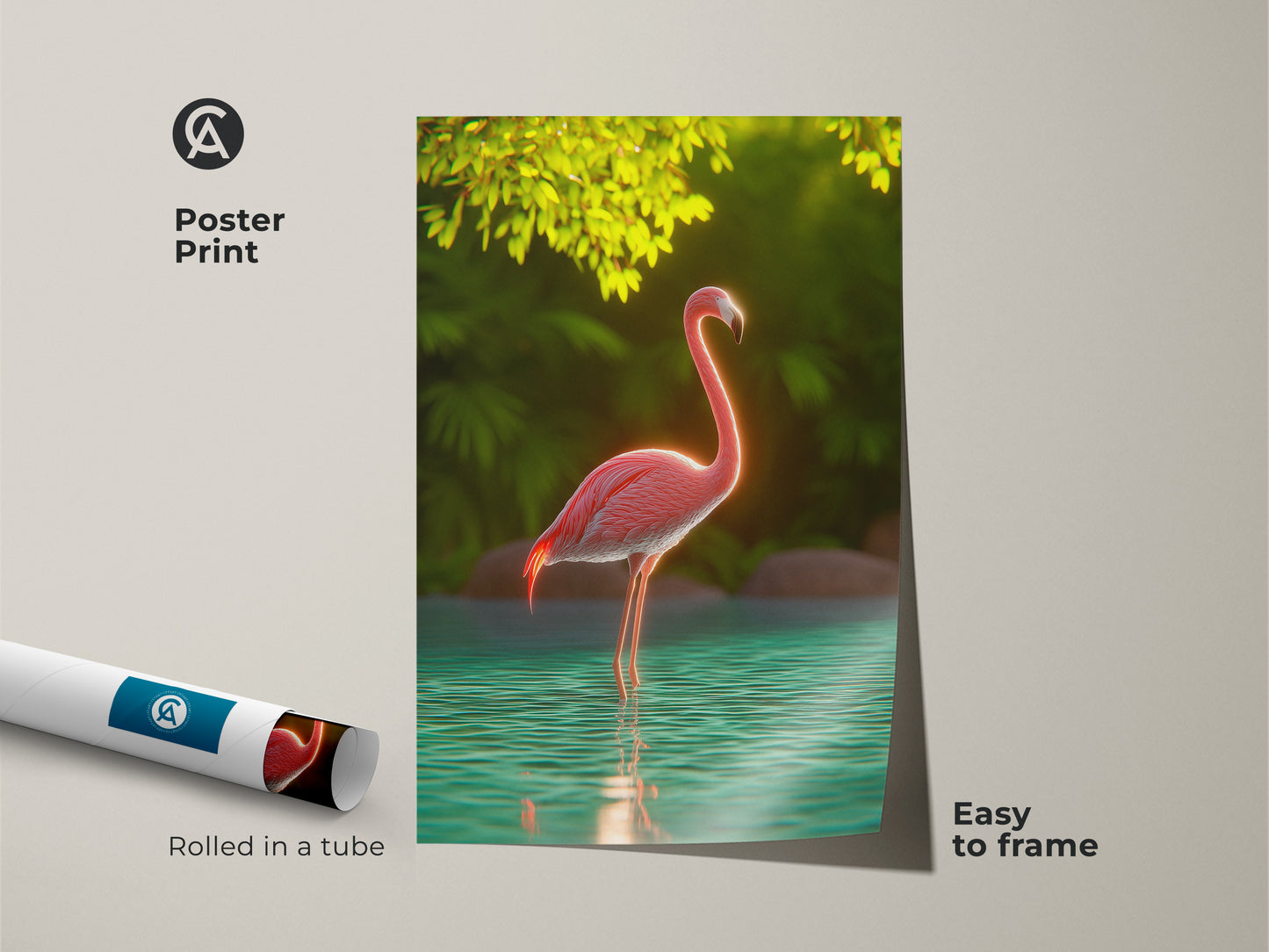 This poster print showcases a pink flamingo tropical bird wall art piece. Easy to frame this museum-quality print captures nature's beauty. Teal green nature art is perfect for boho home decor. This exotic animal art is a great housewarming gift for her. Rolled in a tube for protection.