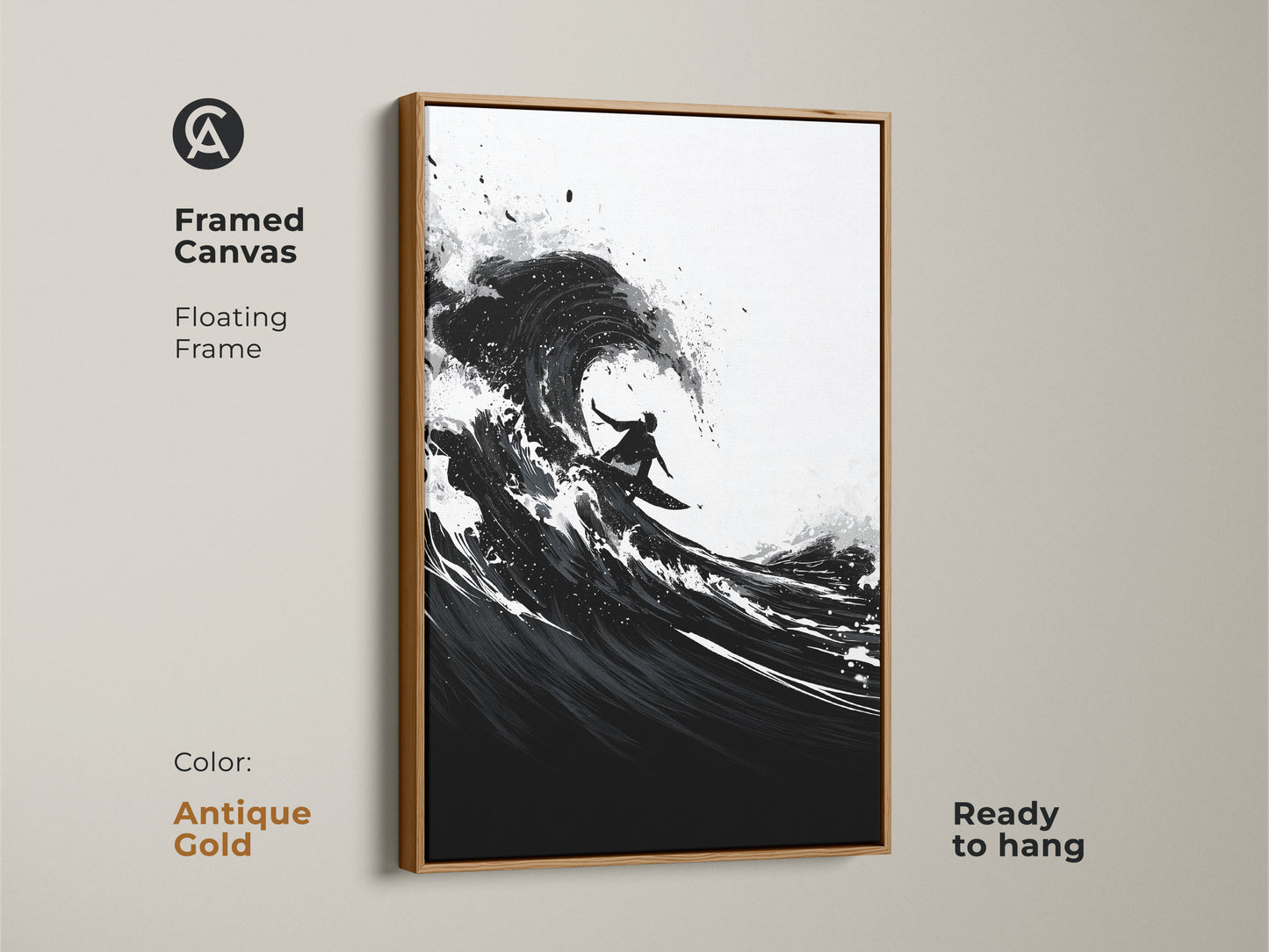 Antique gold framed canvas featuring minimalist ocean art. Surfer silhouette artwork ready to hang. Black and white abstract wave canvas art for contemporary interiors.