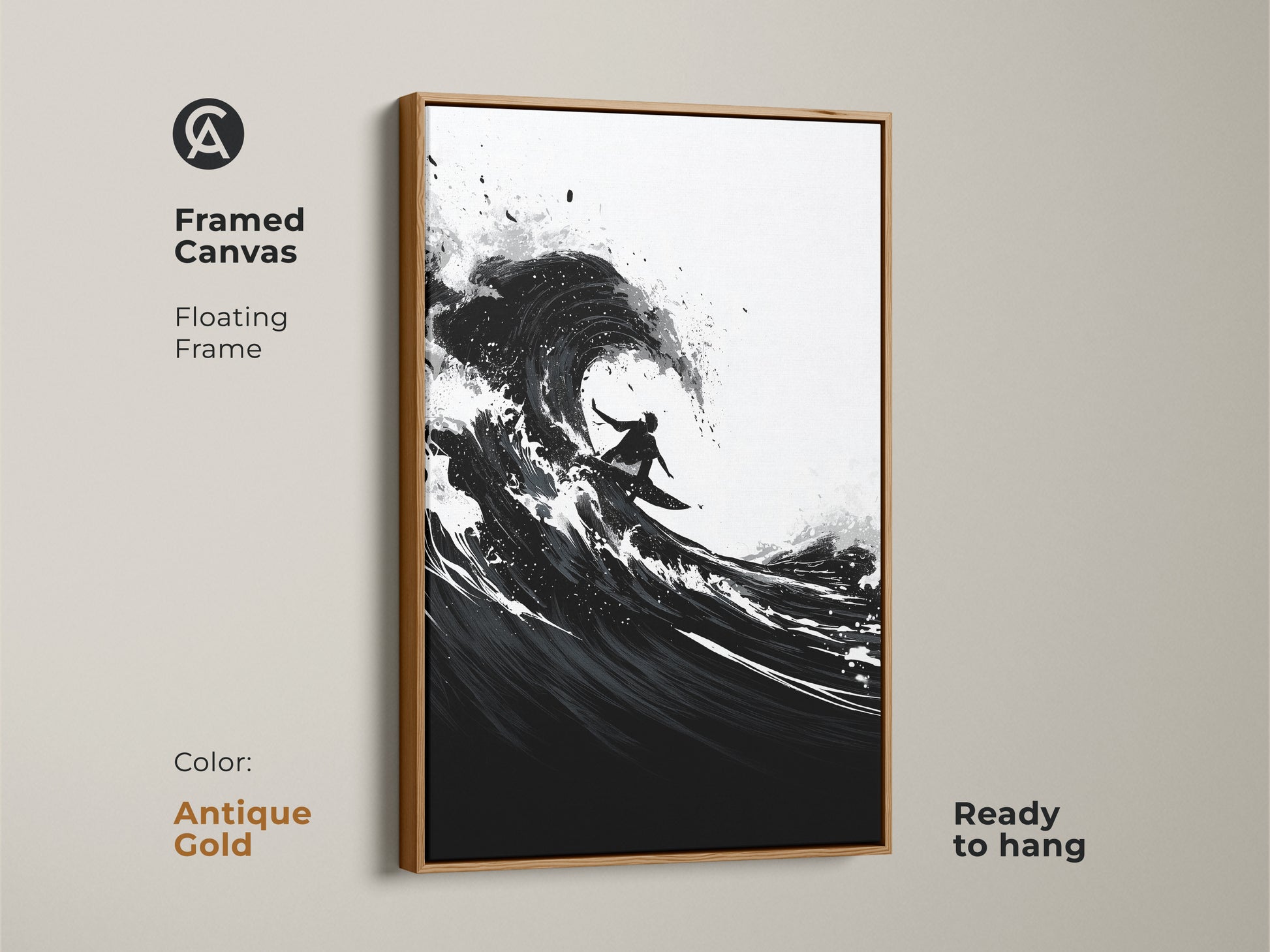 Antique gold framed canvas featuring minimalist ocean art. Surfer silhouette artwork ready to hang. Black and white abstract wave canvas art for contemporary interiors.