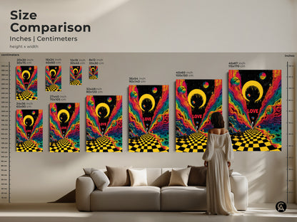 This size comparison shows psychedelic astronaut art in various dimensions. The retro sci fi art is available on canvas and poster. This image shows the scale of this artwork in inches and centimeters. This colorful cosmic wall art fits well over a sofa.