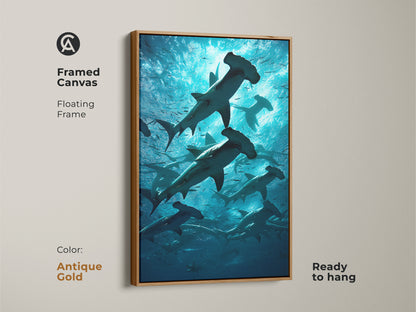 Framed canvas art with an antique gold floating frame. This underwater ocean artwork shows a school of hammerhead sharks. Ready to hang this marine life print adds aqua teal deep blue to your home.