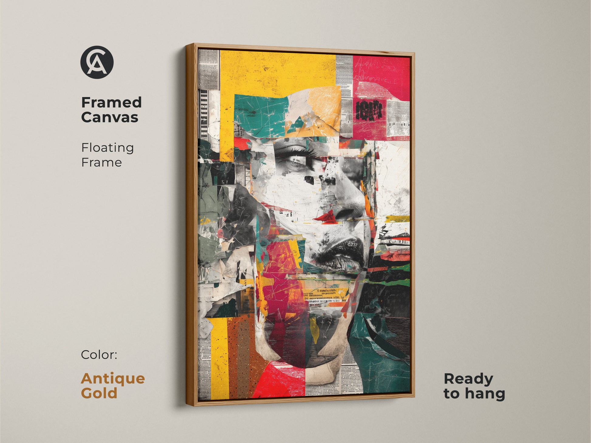 A framed canvas with an antique gold floating frame shows an abstract woman's face. The art features red yellow teal geometric shapes. It's an eclectic collage wall decor urban portrait artwork ready to hang.