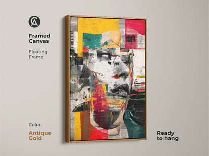 A framed canvas with an antique gold floating frame shows an abstract woman's face. The art features red yellow teal geometric shapes. It's an eclectic collage wall decor urban portrait artwork ready to hang.