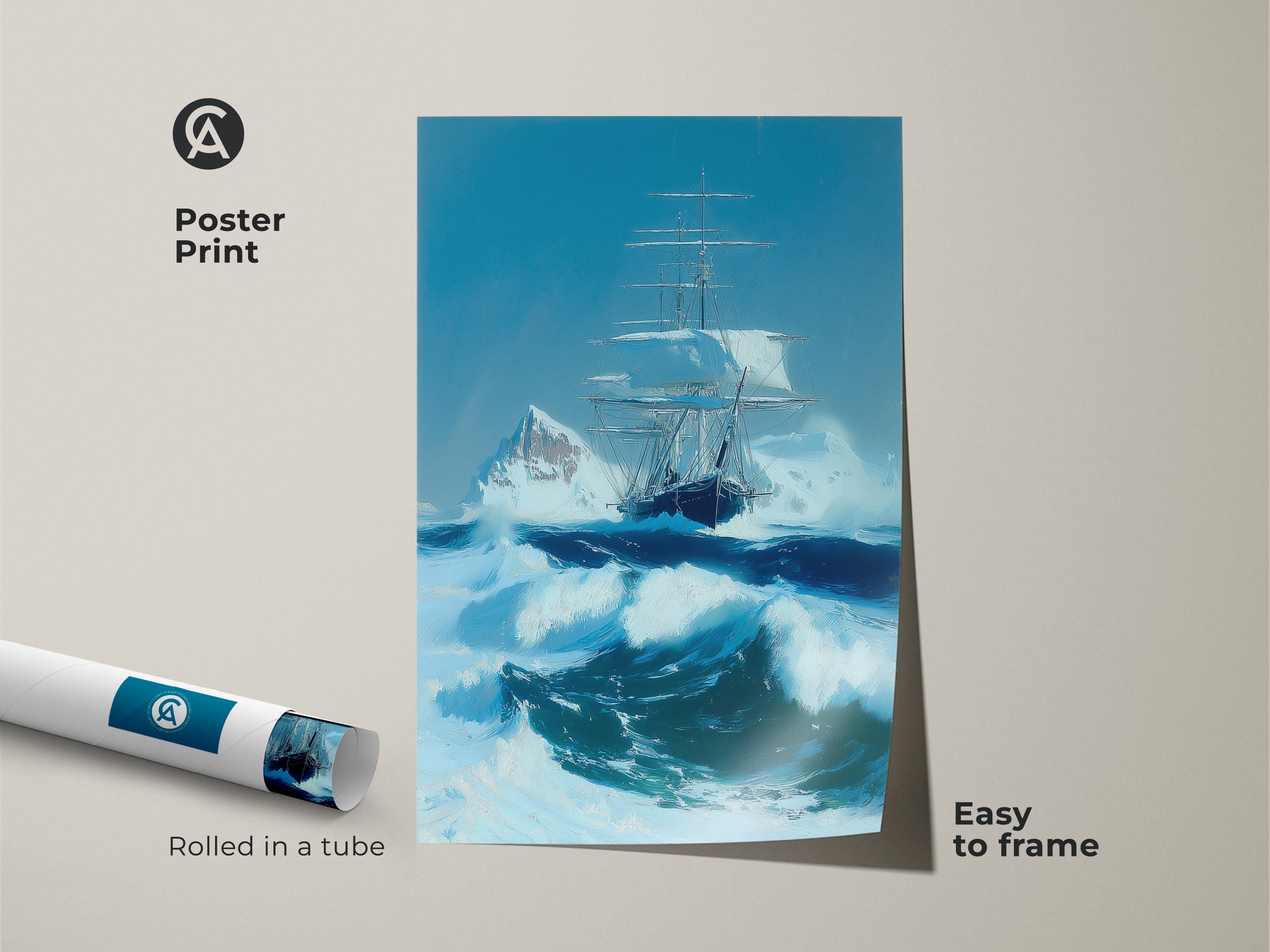 Poster print depicting a tall ship navigating an ocean storm. This nautical artwork features an iceberg seascape in blue hues. Perfect for framing this maritime adventure artwork enhances any study or office. It comes rolled in a tube for easy framing.